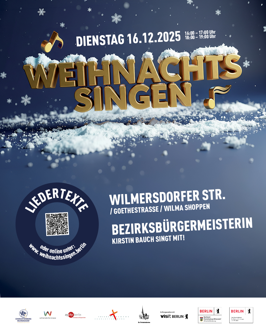 Das Weihnachtssingen wird von der Wirtschaftsförderung des Bezirks gemeinsam mit der Friedenskirche Charlottenburg und der Evangelischen Trinitatiskirchengemeinde veranstaltet. In diesem Jahr findet es in Kooperation mit visitBerlin statt. Die finanzielle Unterstützung erfolgt durch die Senatsverwaltung für Wirtschaft, Energie und Betriebe über Zuschüsse für „Besondere touristische Projekte in den Bezirken“.